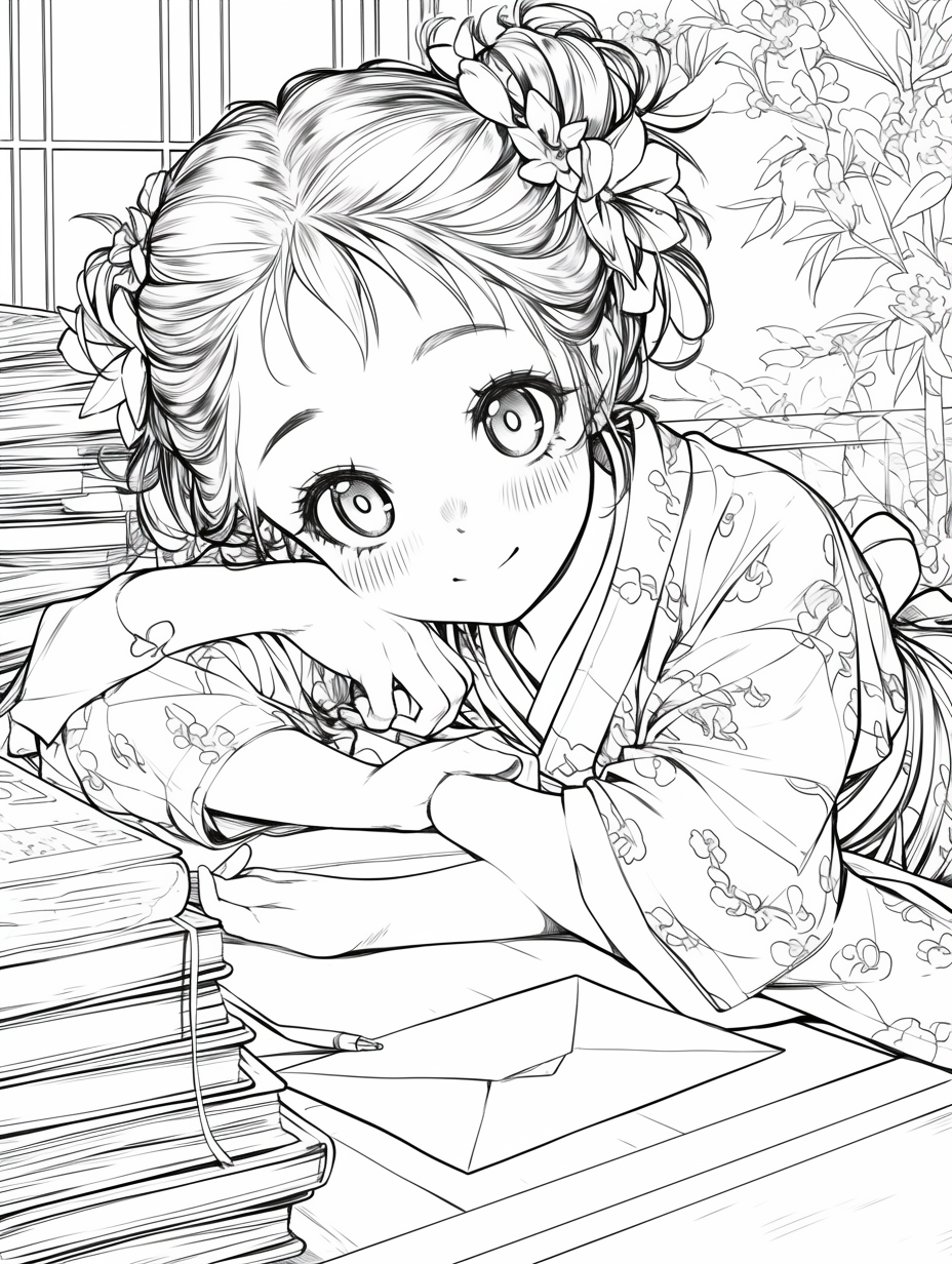 Girl smiling in kimono coloring page with letter writing.