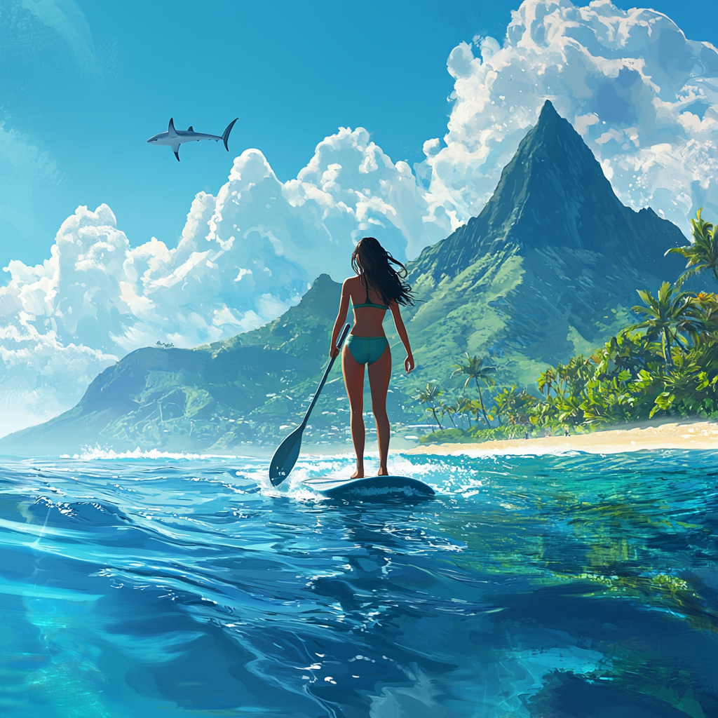 Girl surfing in Hawaii with shark approaching, tropical theme.