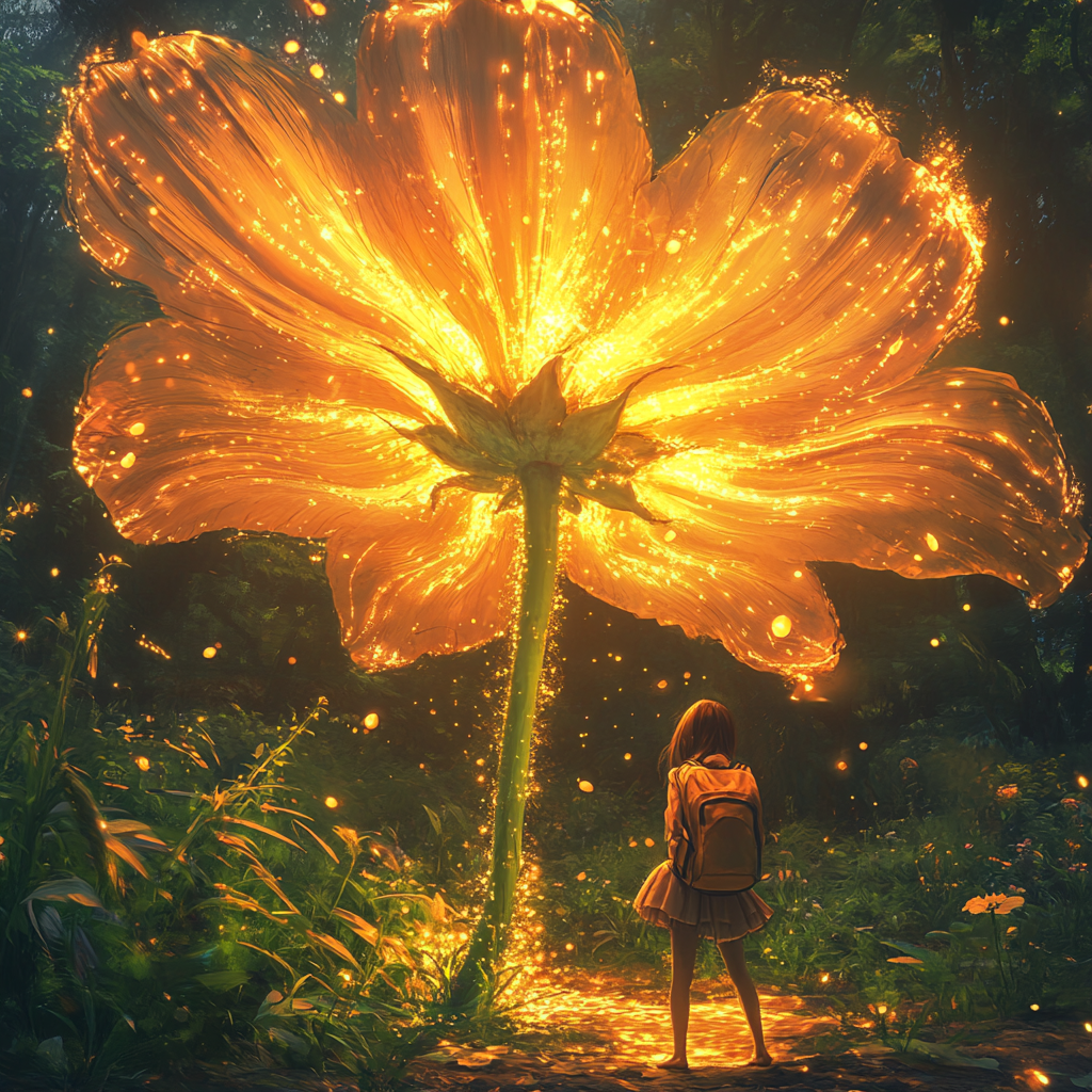 Girl under giant shiny magical flower with golden nectar.