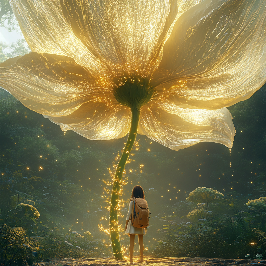 Girl under magical shimmering flower with golden nectar.