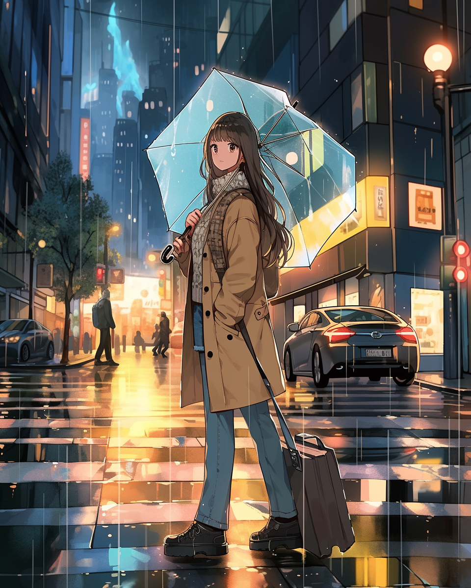 Girl under umbrella in city, anime style illustration.