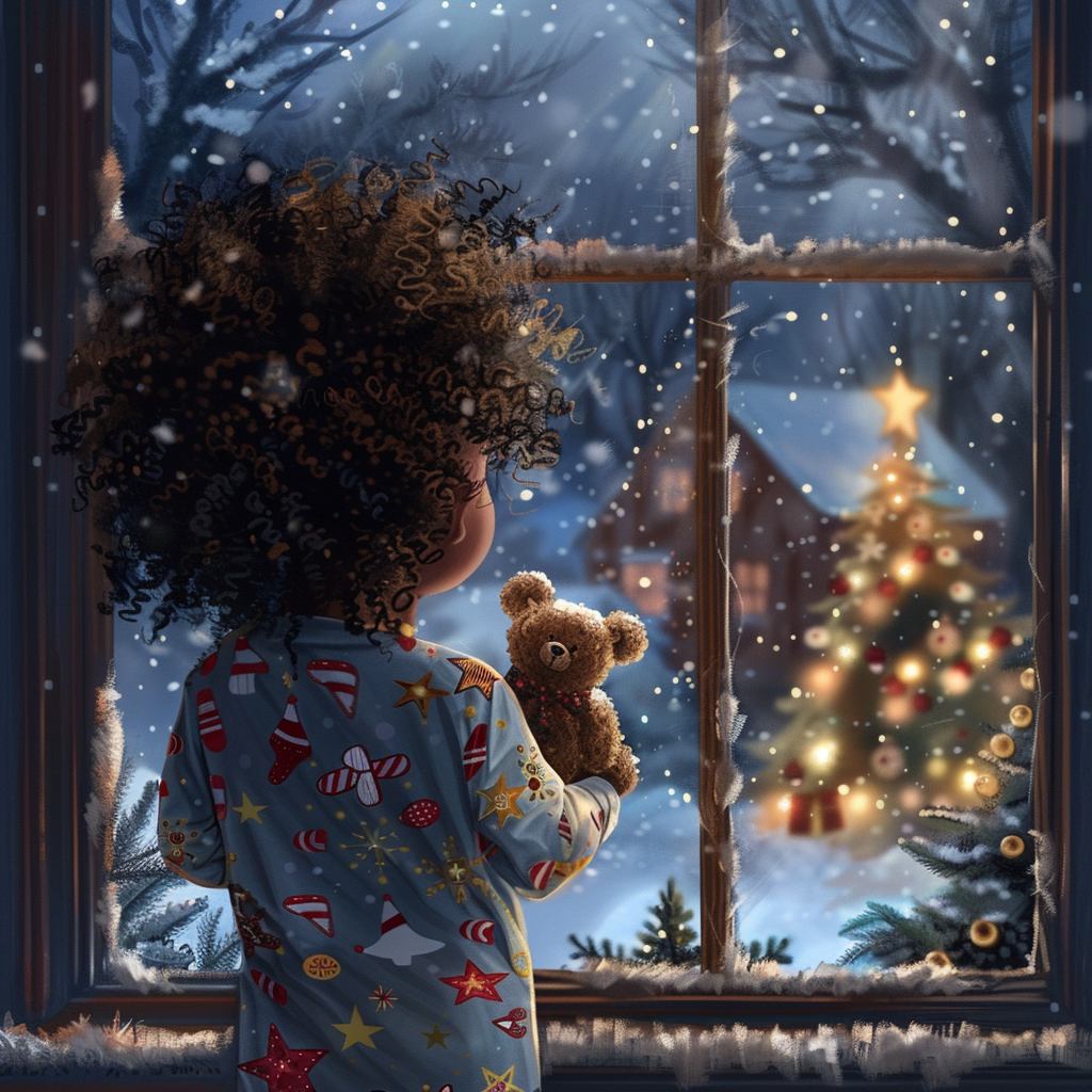 Girl waits for Santa in Christmas pajamas.