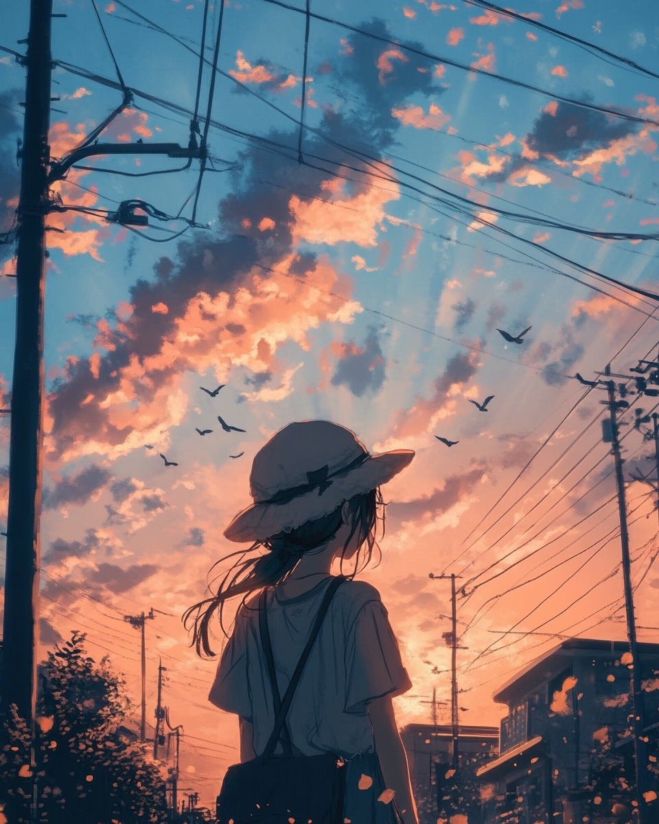 Girl wearing straw hat watches crows in watercolor.