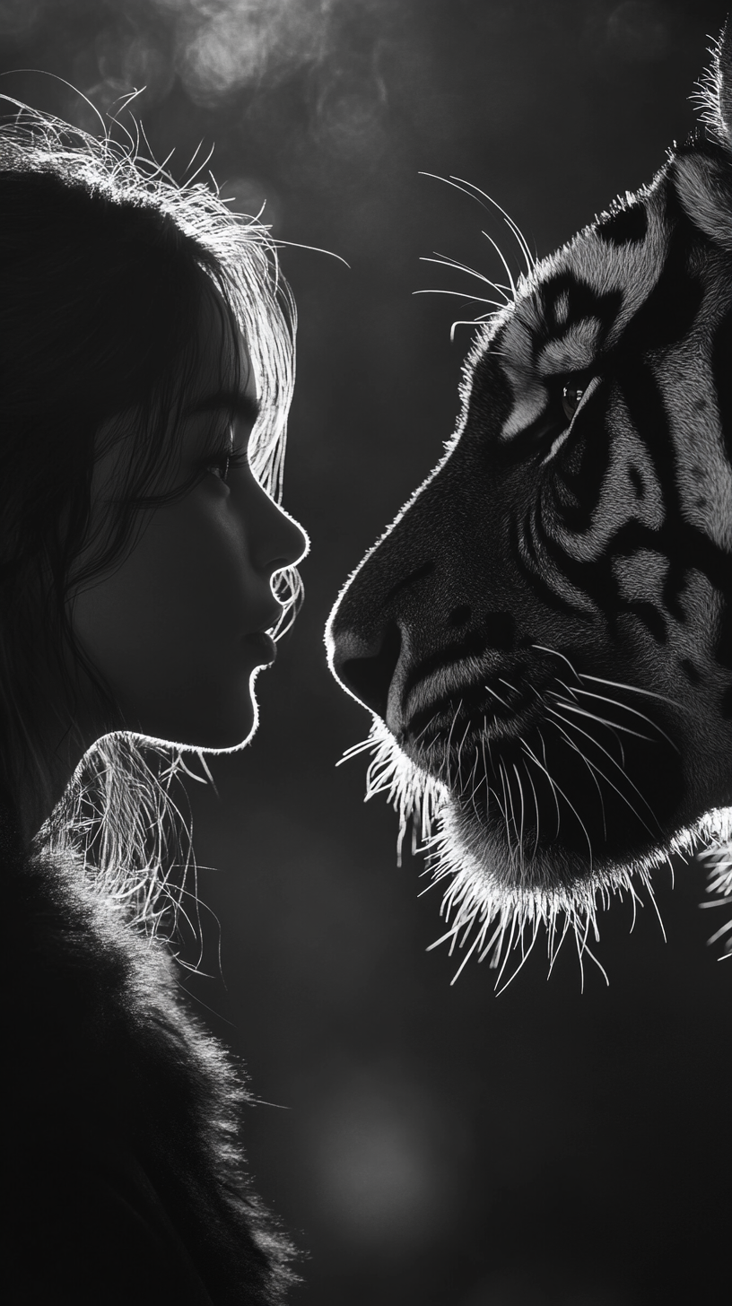 Girl whispering to tiger in shadow- monochrome masterpiece.