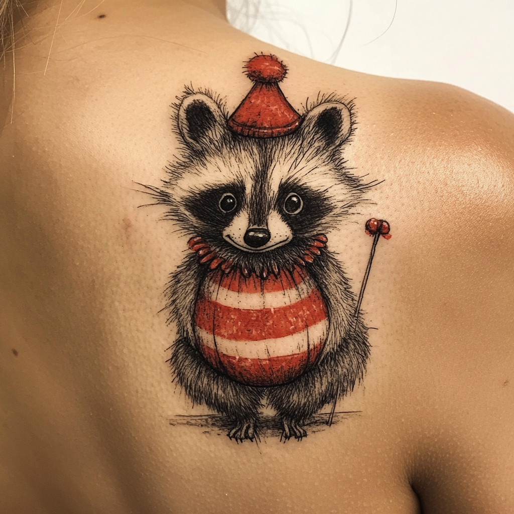 Girl with Circus Clown Raccoon on Shoulder