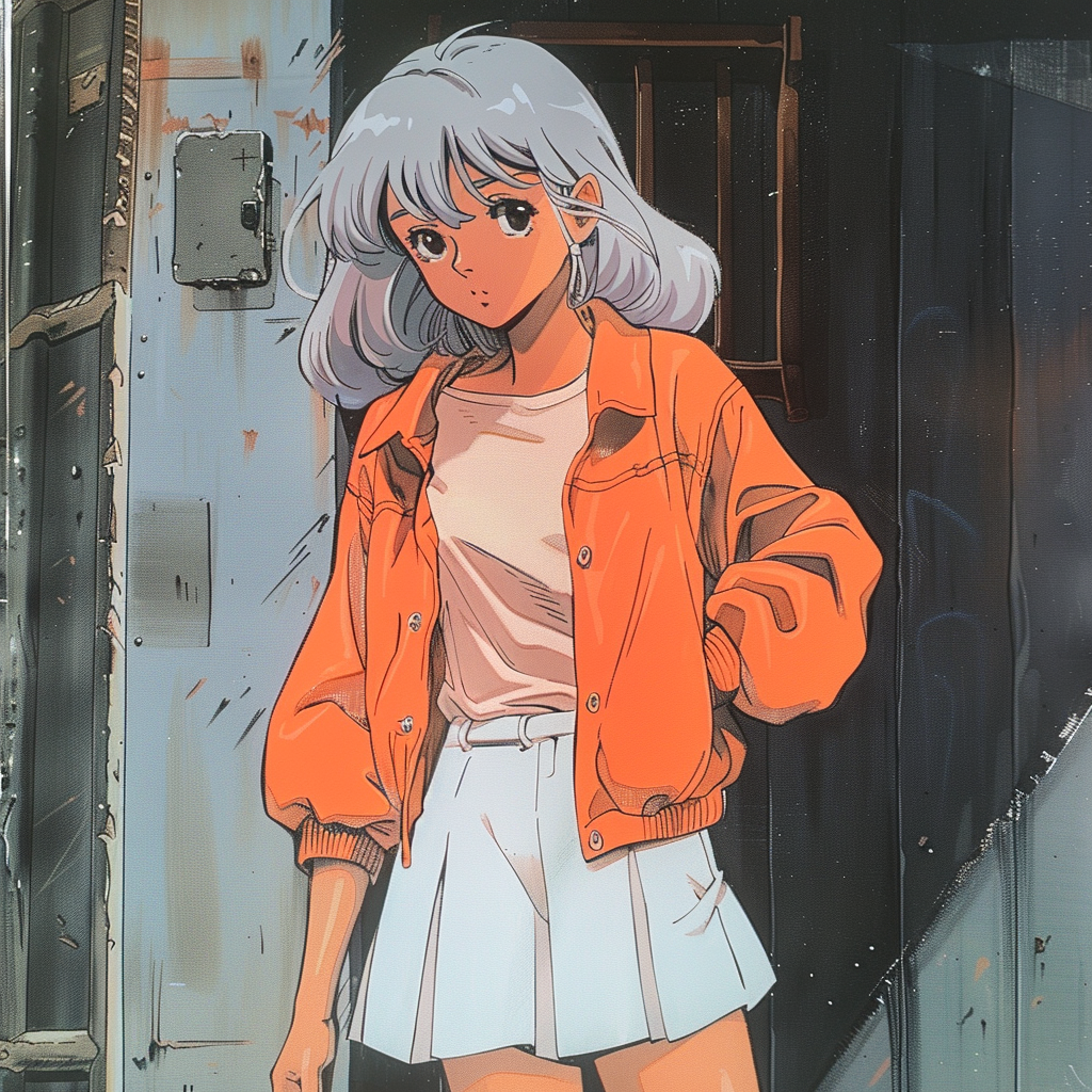 Girl with Grey Hair in Retro Anime Style