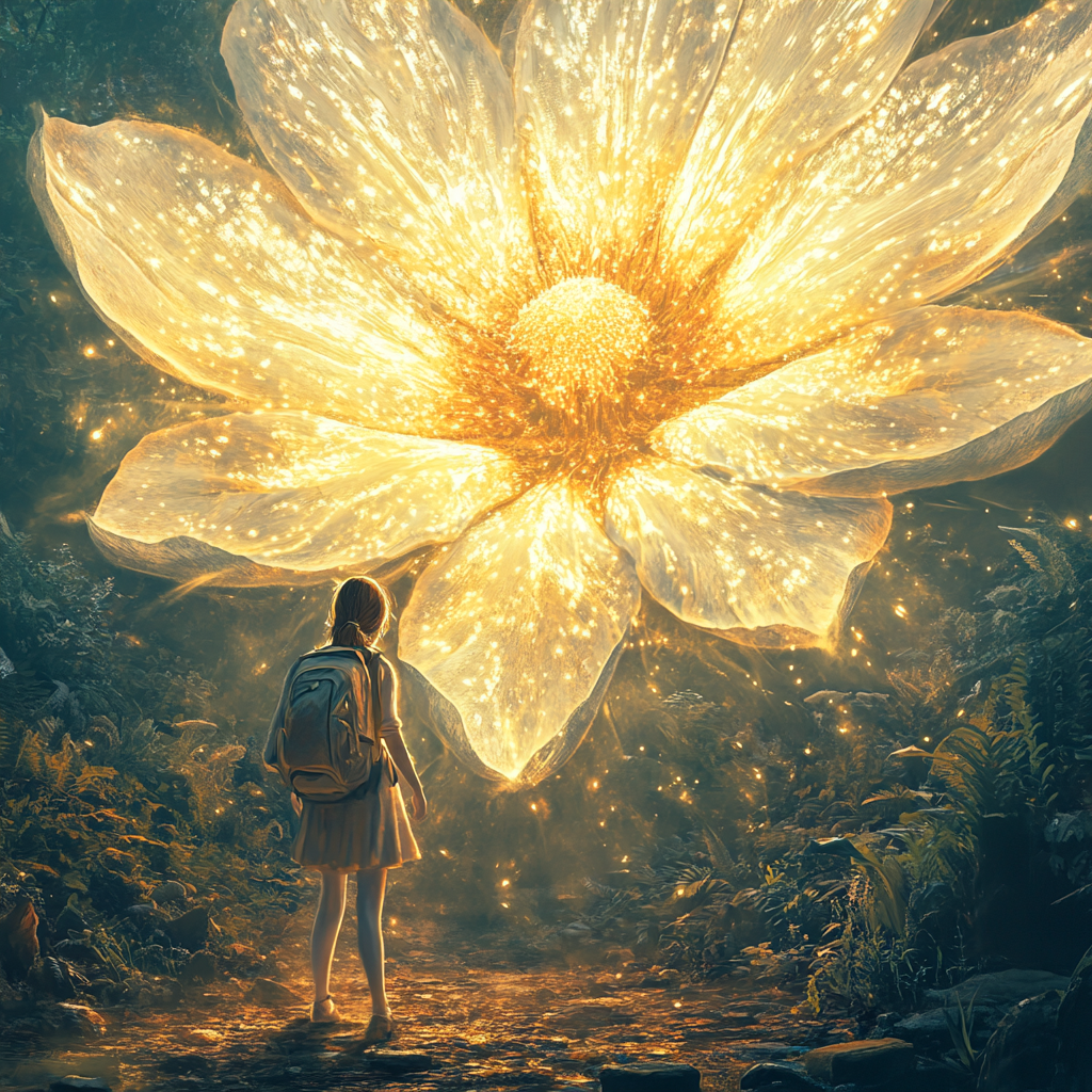 Girl with backpack stands under shimmering magical flower, nectar-filled.