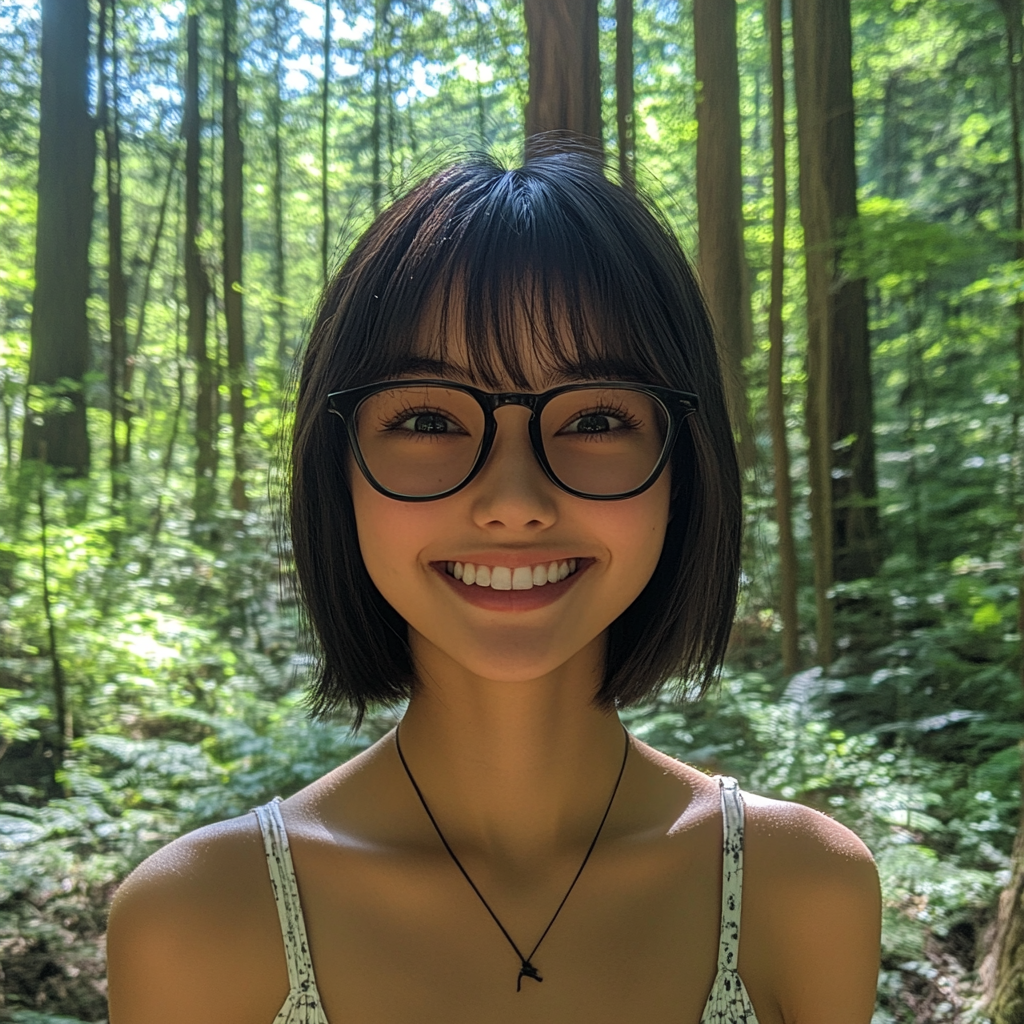 Girl with black hair, glasses, smiling in forest.