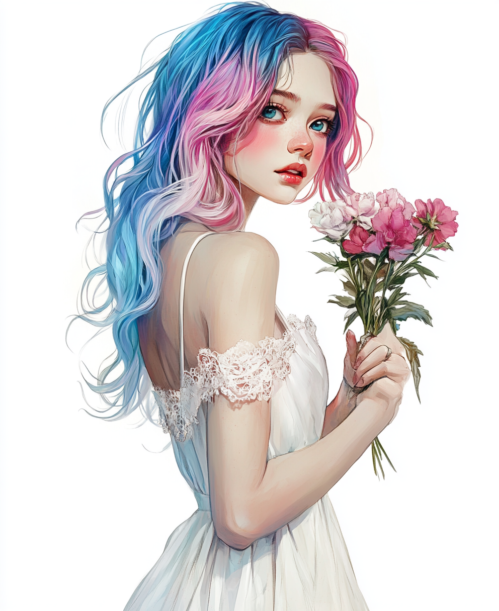 Girl with blue and pink hair holding flowers drawn.