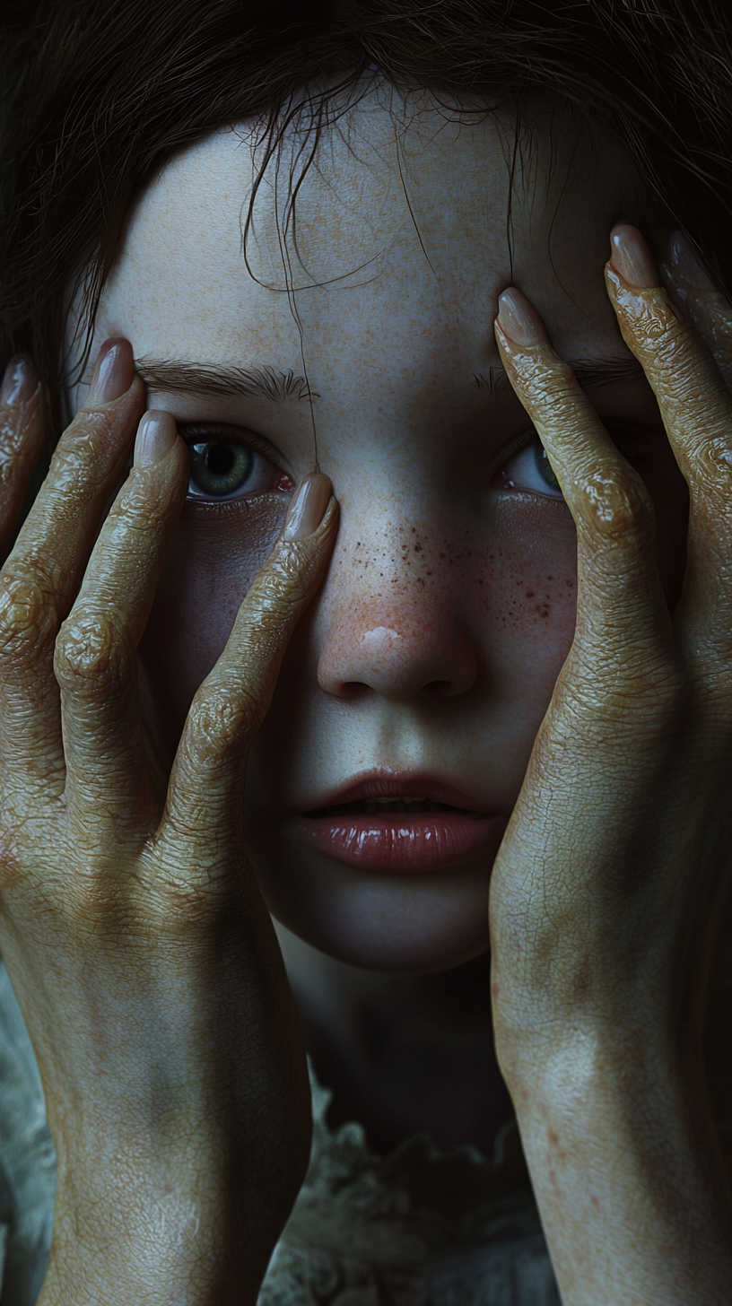 Girl with bony fingers emerging from eye sockets.