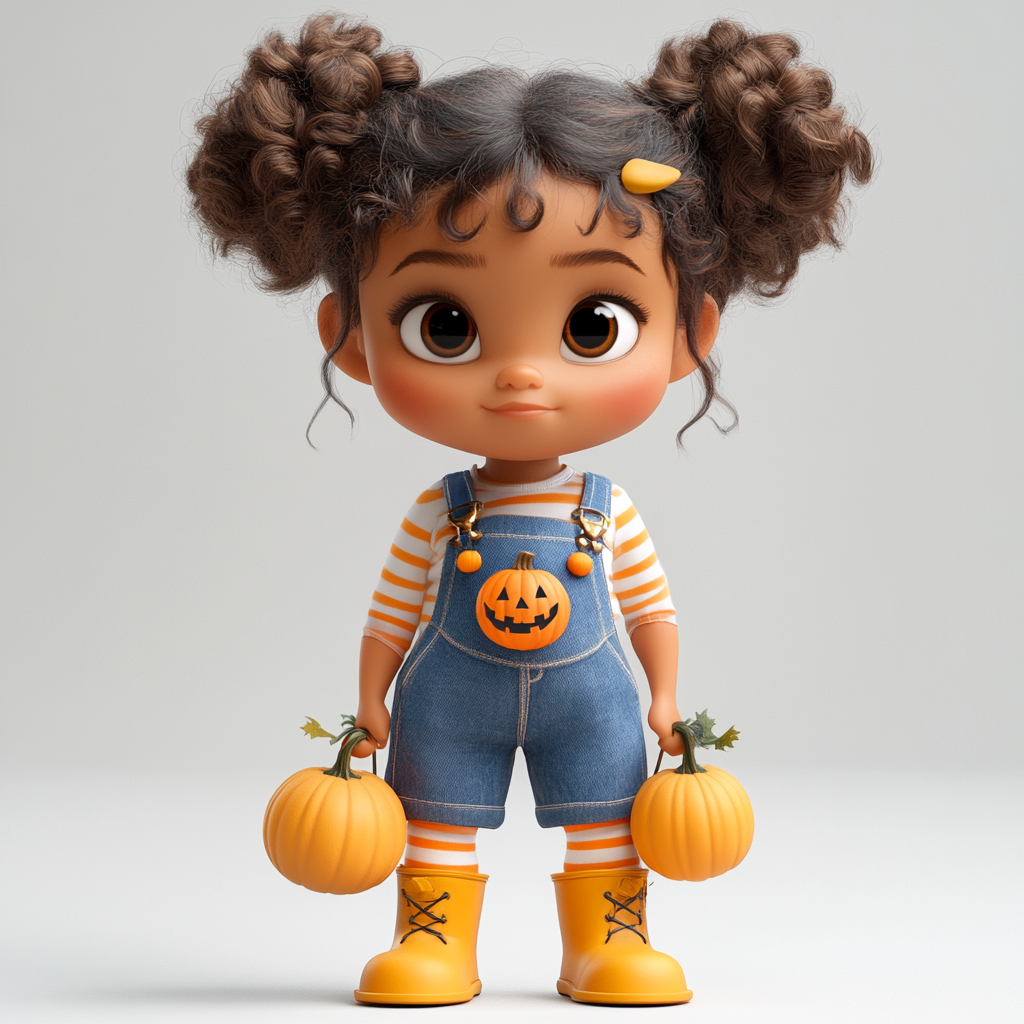 Girl with braided hair, pumpkin patch overalls, striped tights.