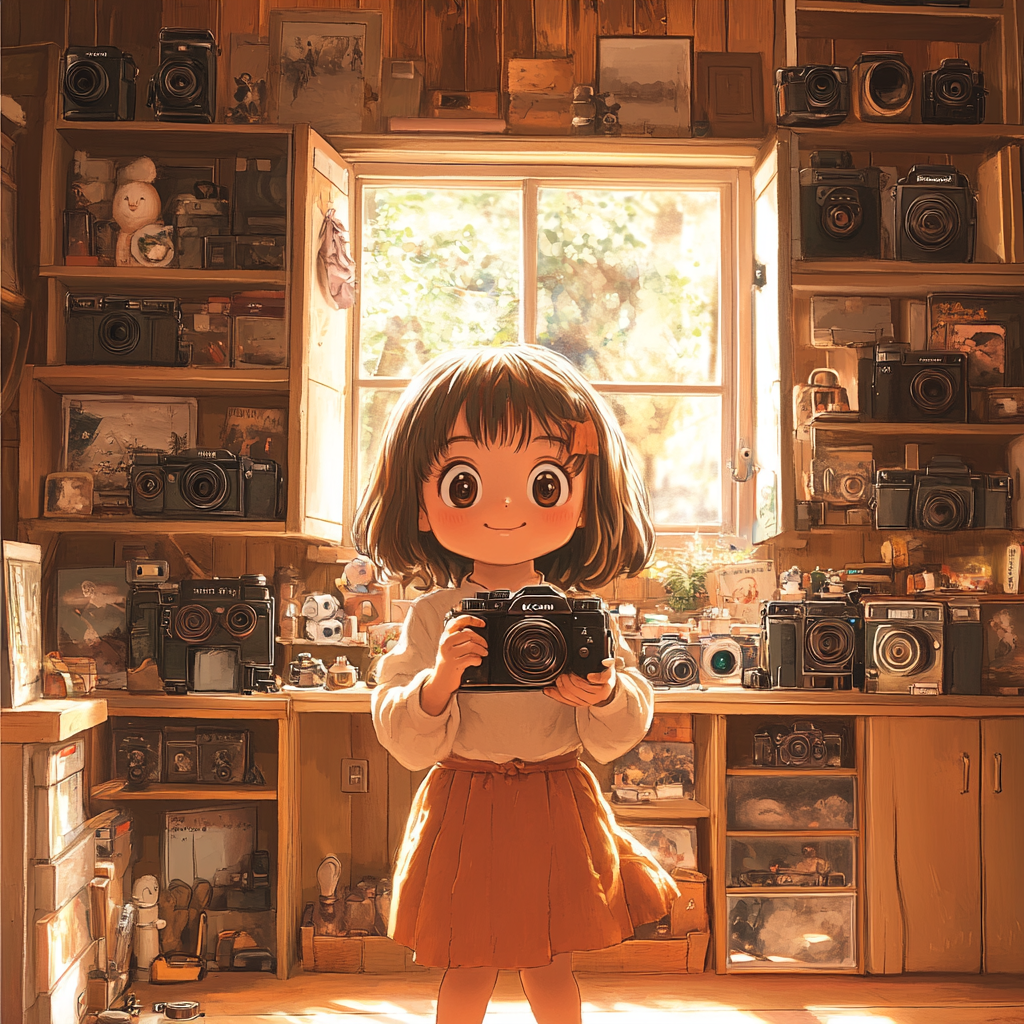 Girl with cameras in camera-filled warm room.