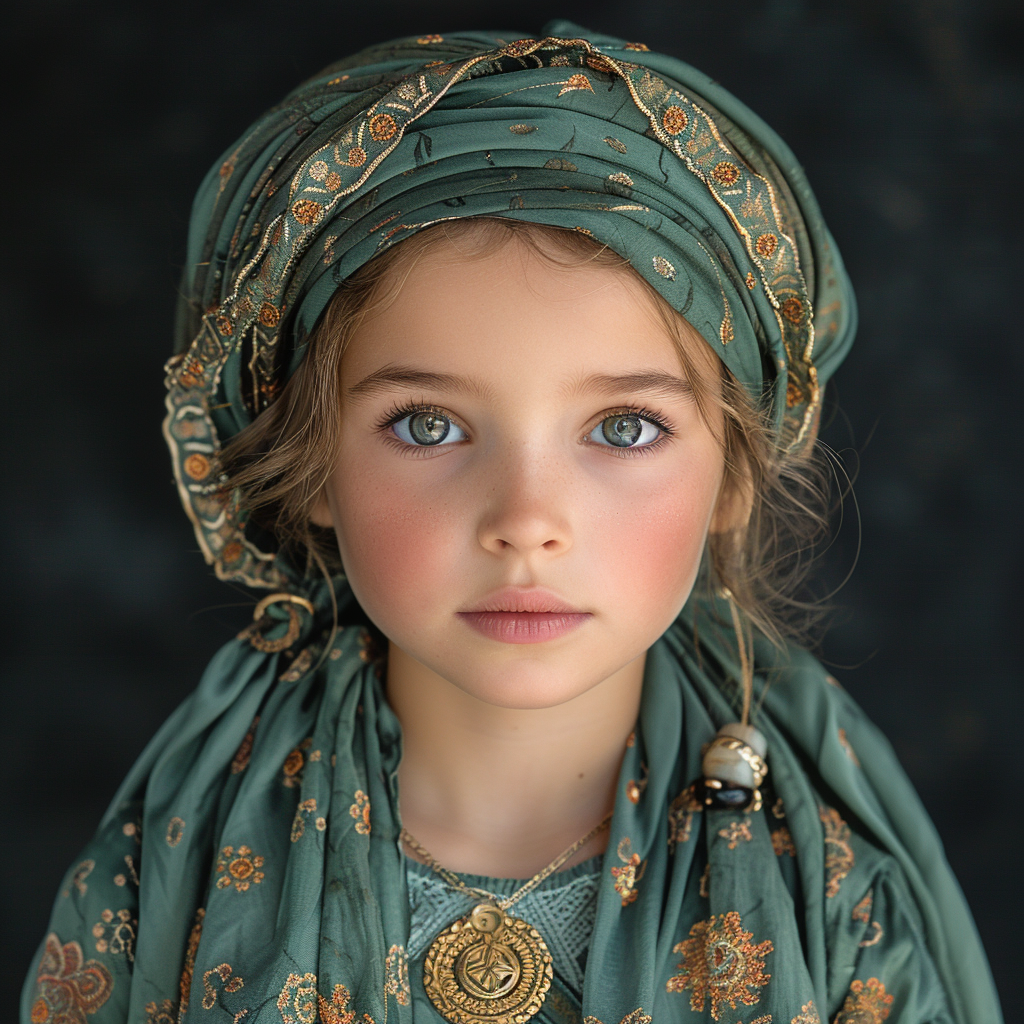 Girl with green headband & NM flag design medallion portrait.