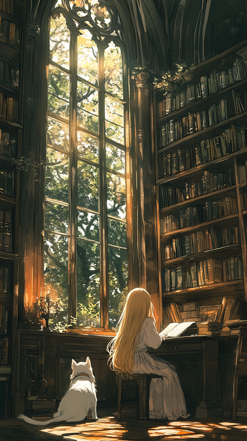 Girl with long golden hair studies in quiet library.