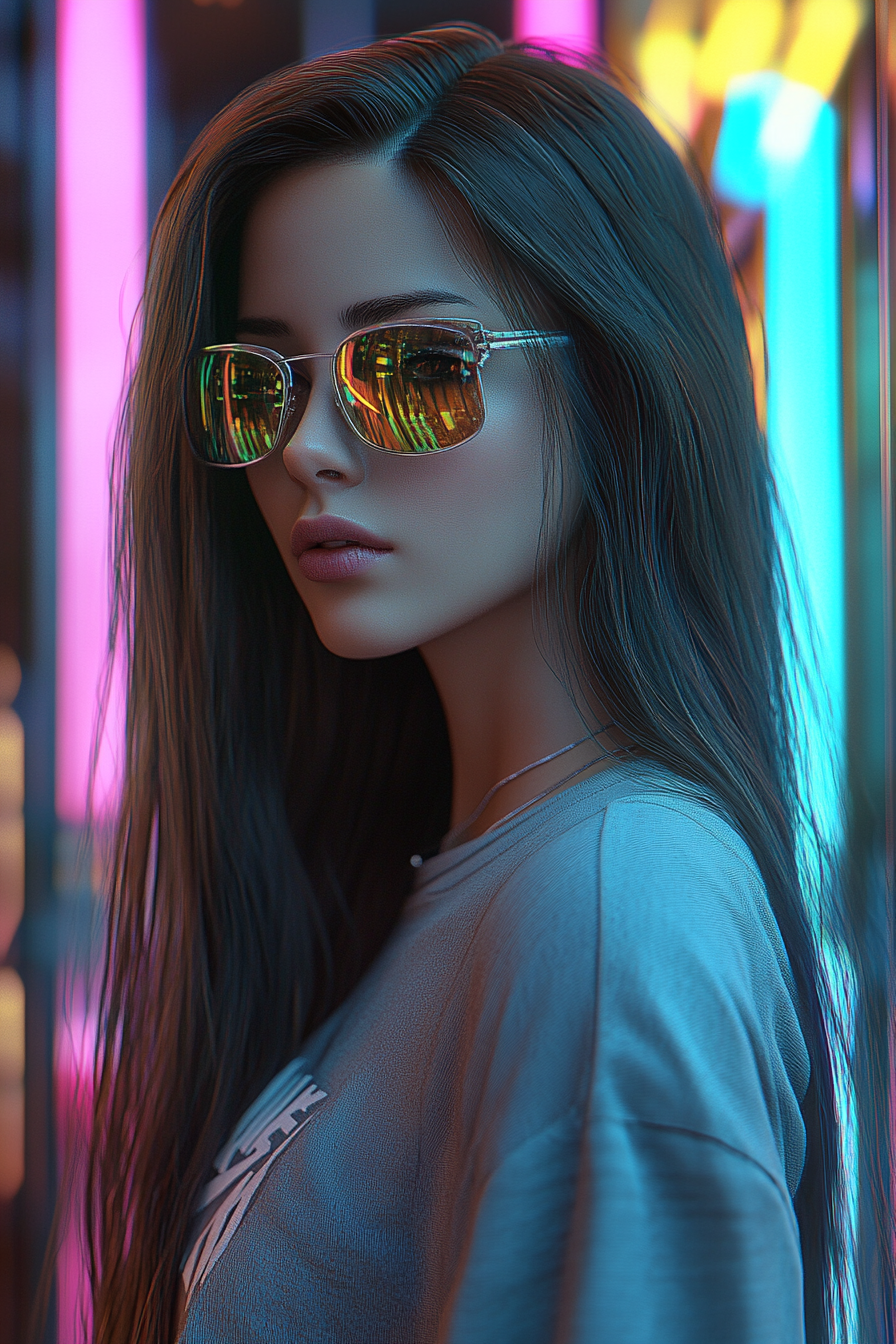 Girl with long hair in Nike sneakers, sunglasses.