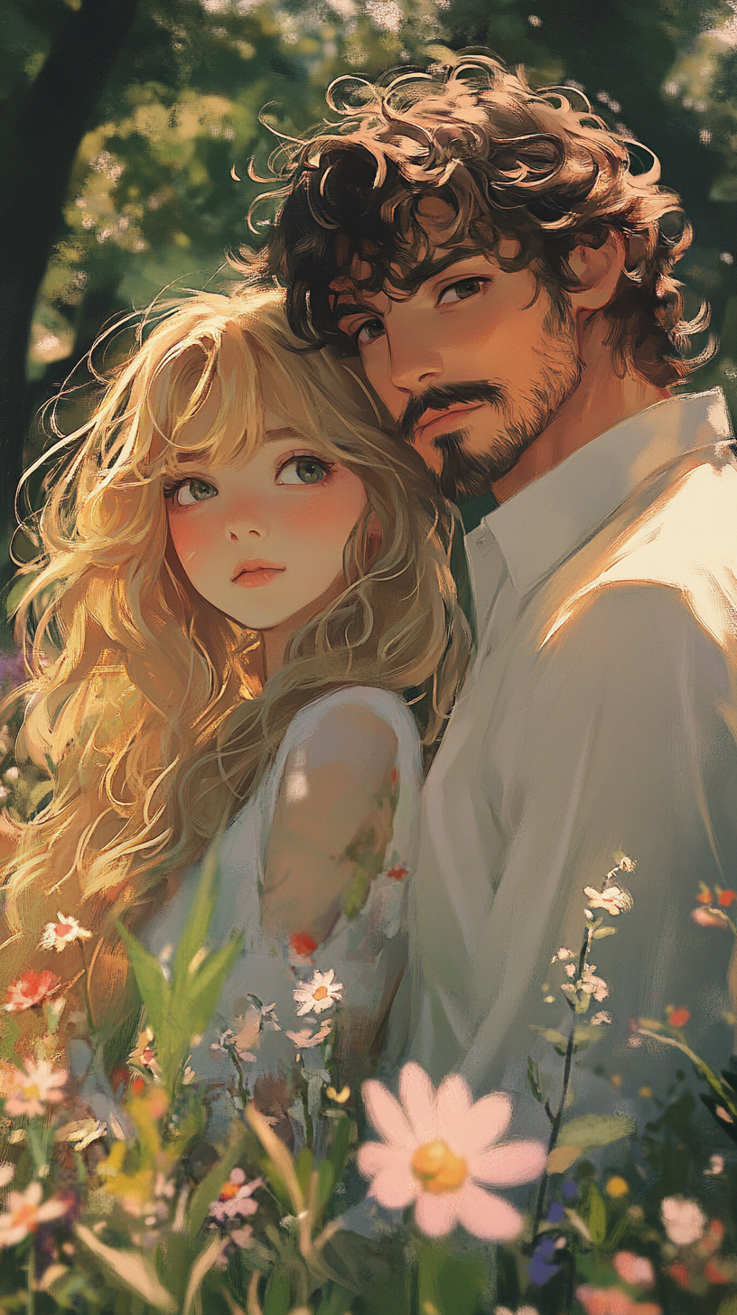 Girl with long wavy hair and man with mustache.