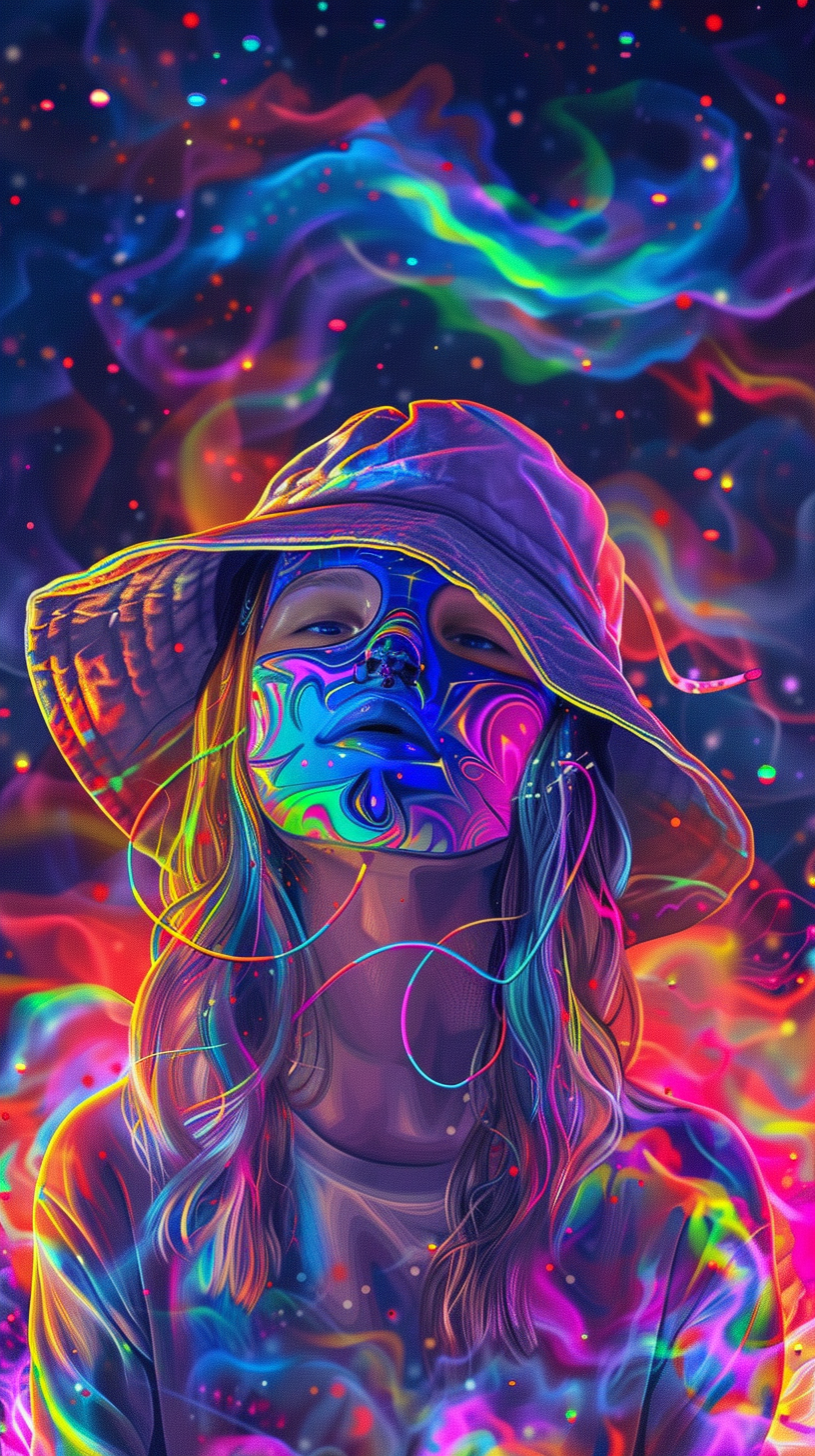 Girl with mask and hat at festival with universe.