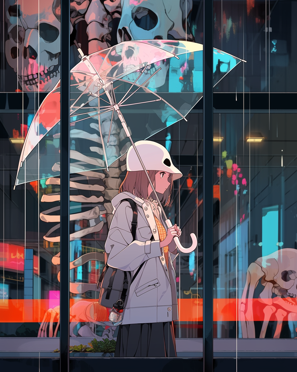 Girl with pastel umbrella anime style urban background city.