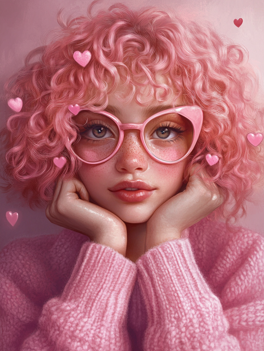 Girl with pink curly hair, heart glasses, soft face.