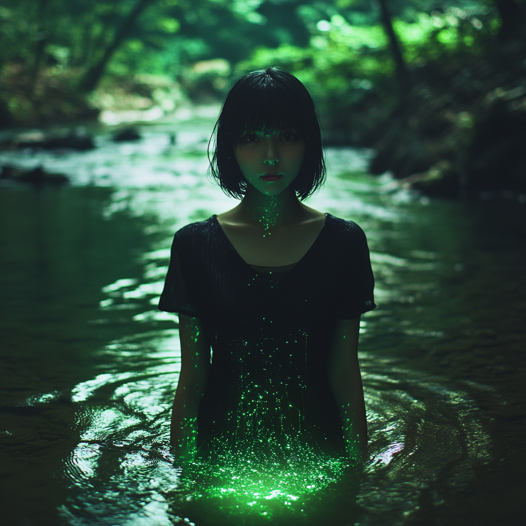 Girl with short black hair in forest river at night.