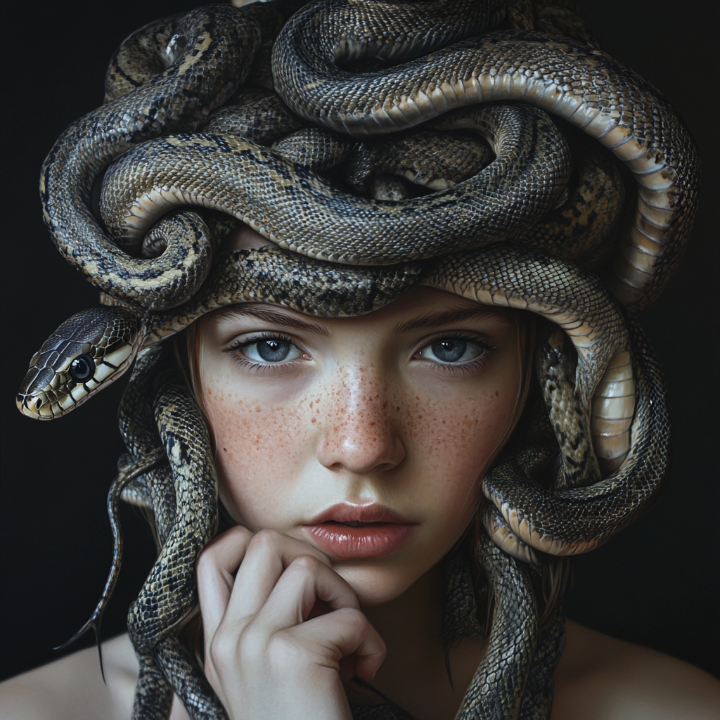 Girl with snake hair, hand under chin, detailed snakes.