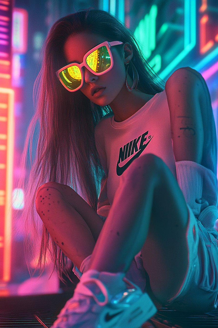 Girl with sunglasses, Nike shoes in surreal anime world.