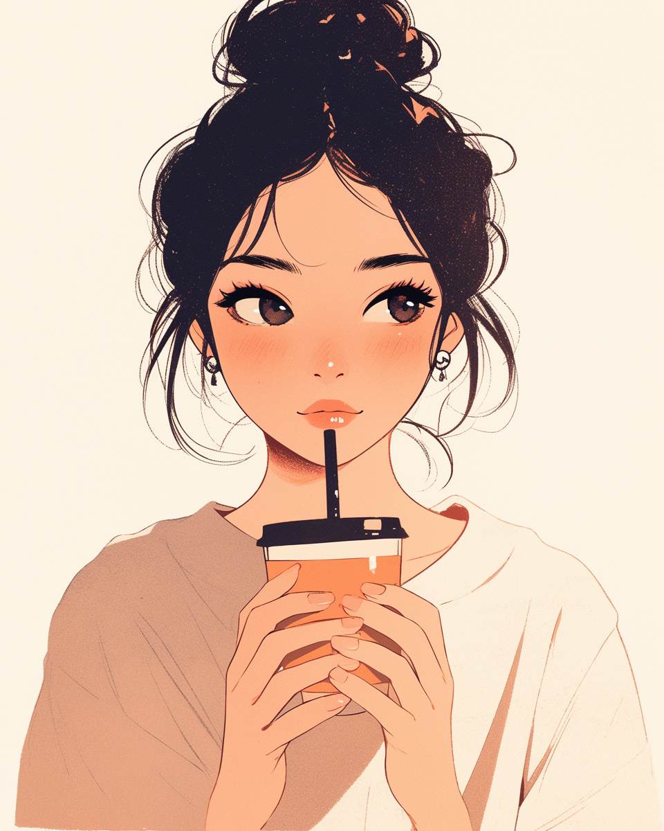 Girl with tea in hands, anime style portrait.