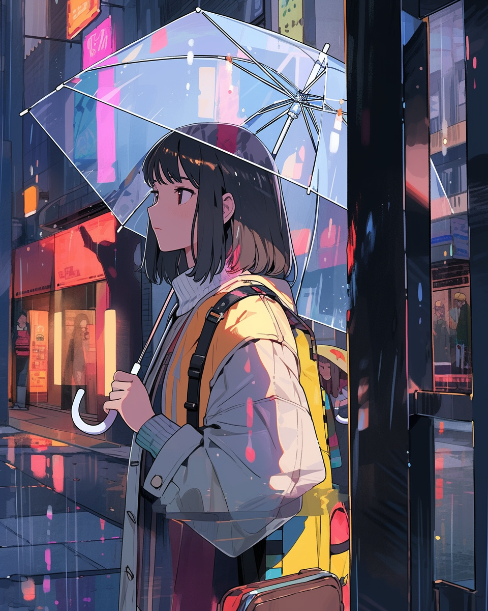 Girl with umbrella in anime style, waiting outside building.