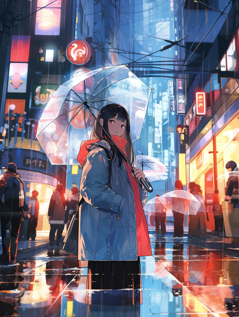 Girl with umbrella in anime style at building entrance.