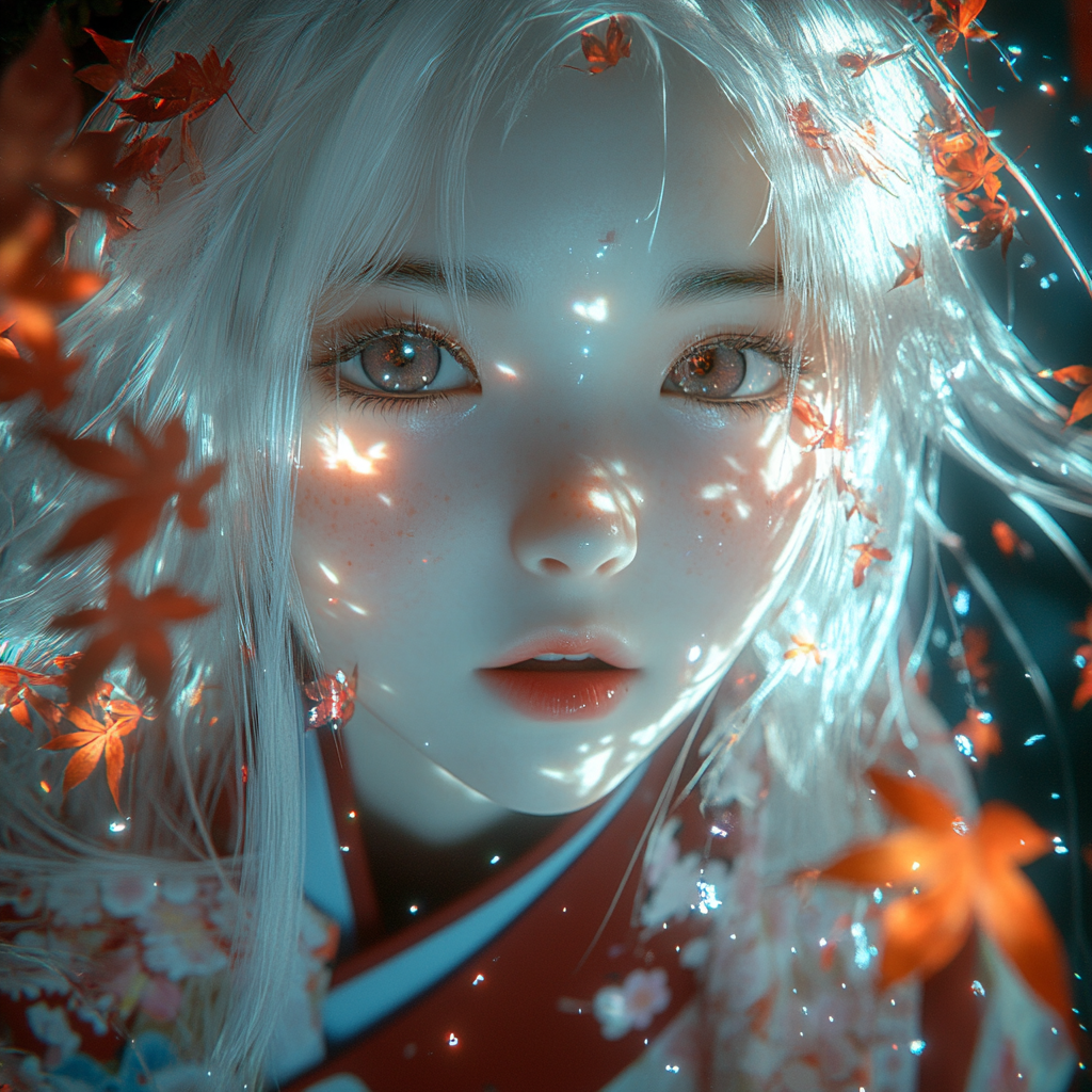 Girl with white hair in Japanese kimono, realistic 3D.