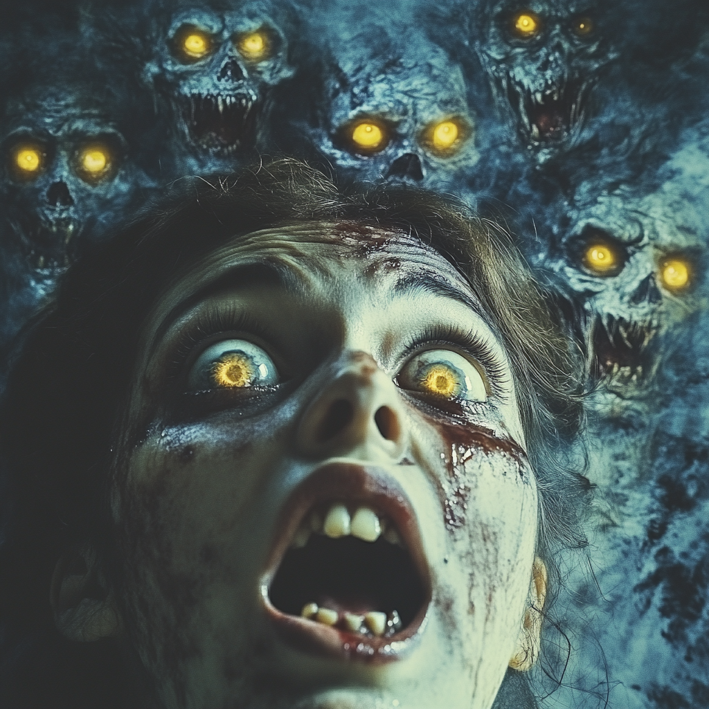 Girl with yellow eyes surrounded by evil demons.