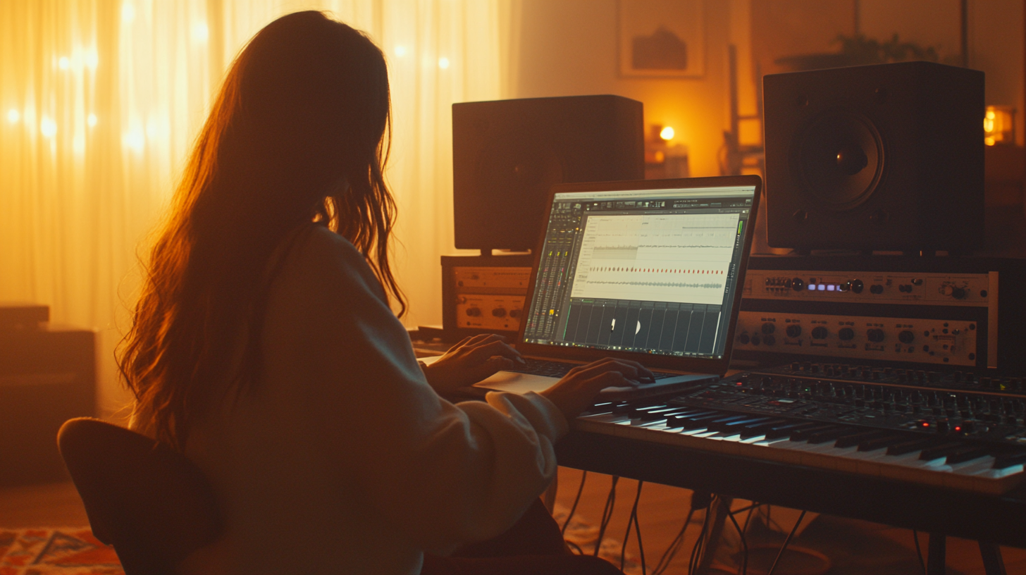 Girl working on laptop with audio program, cinematic lighting.