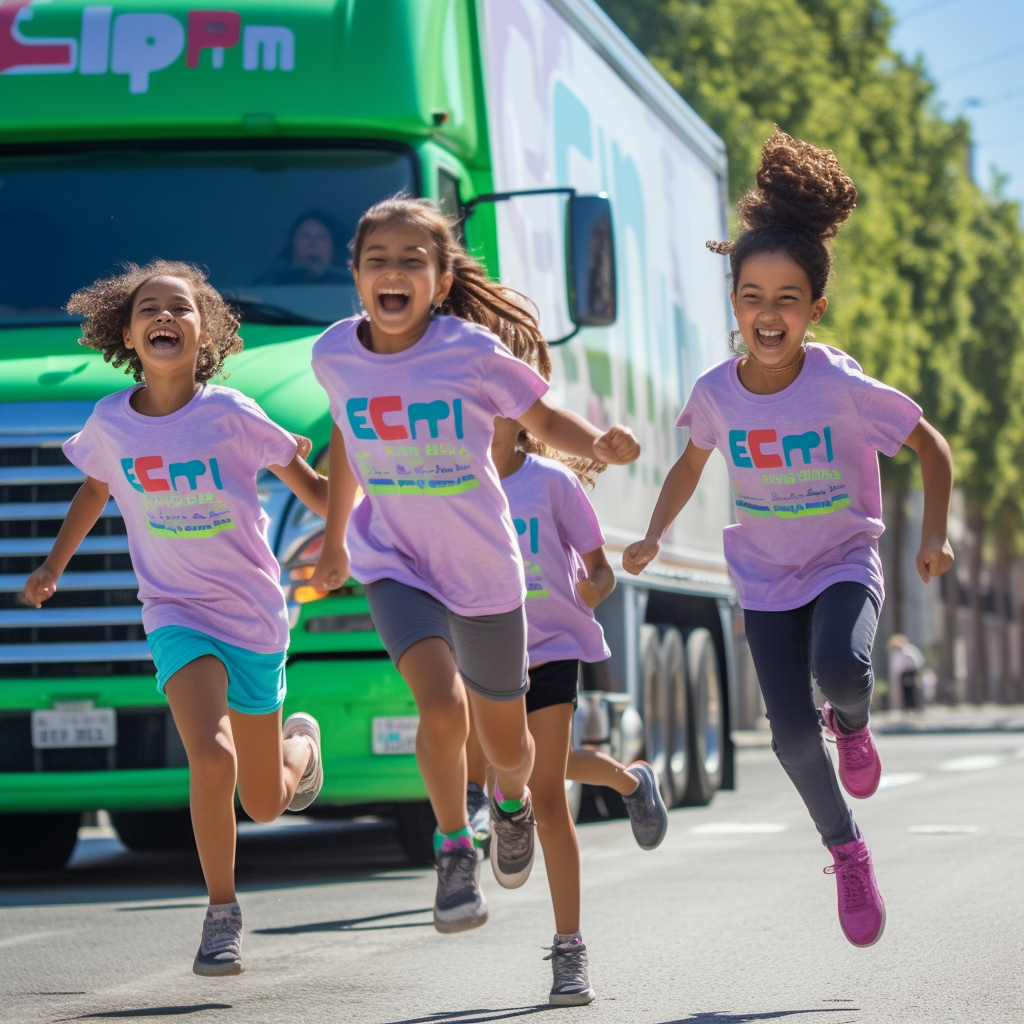 Girls happily skipping rope around sanitary truck in sunny city.