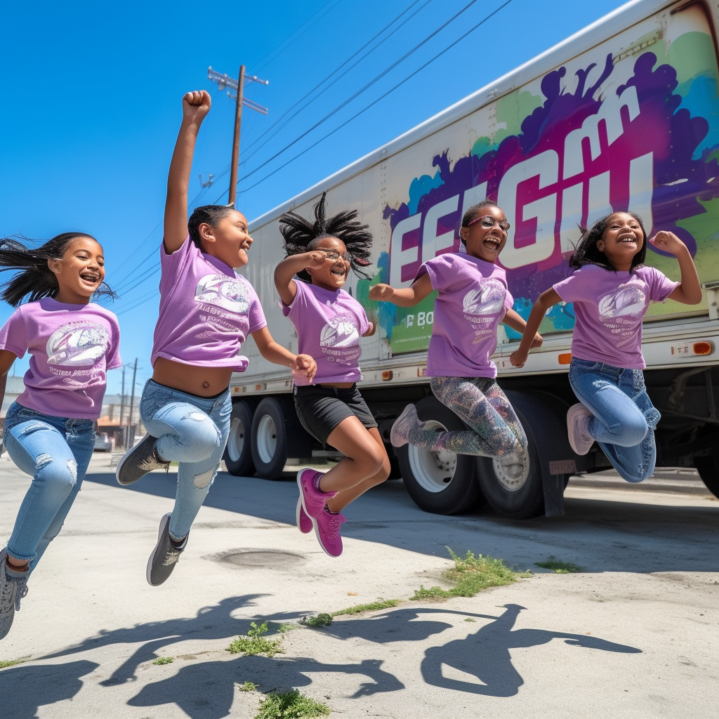 Girls jumping rope near clean Ecilimp sanitation truck. Sunny.