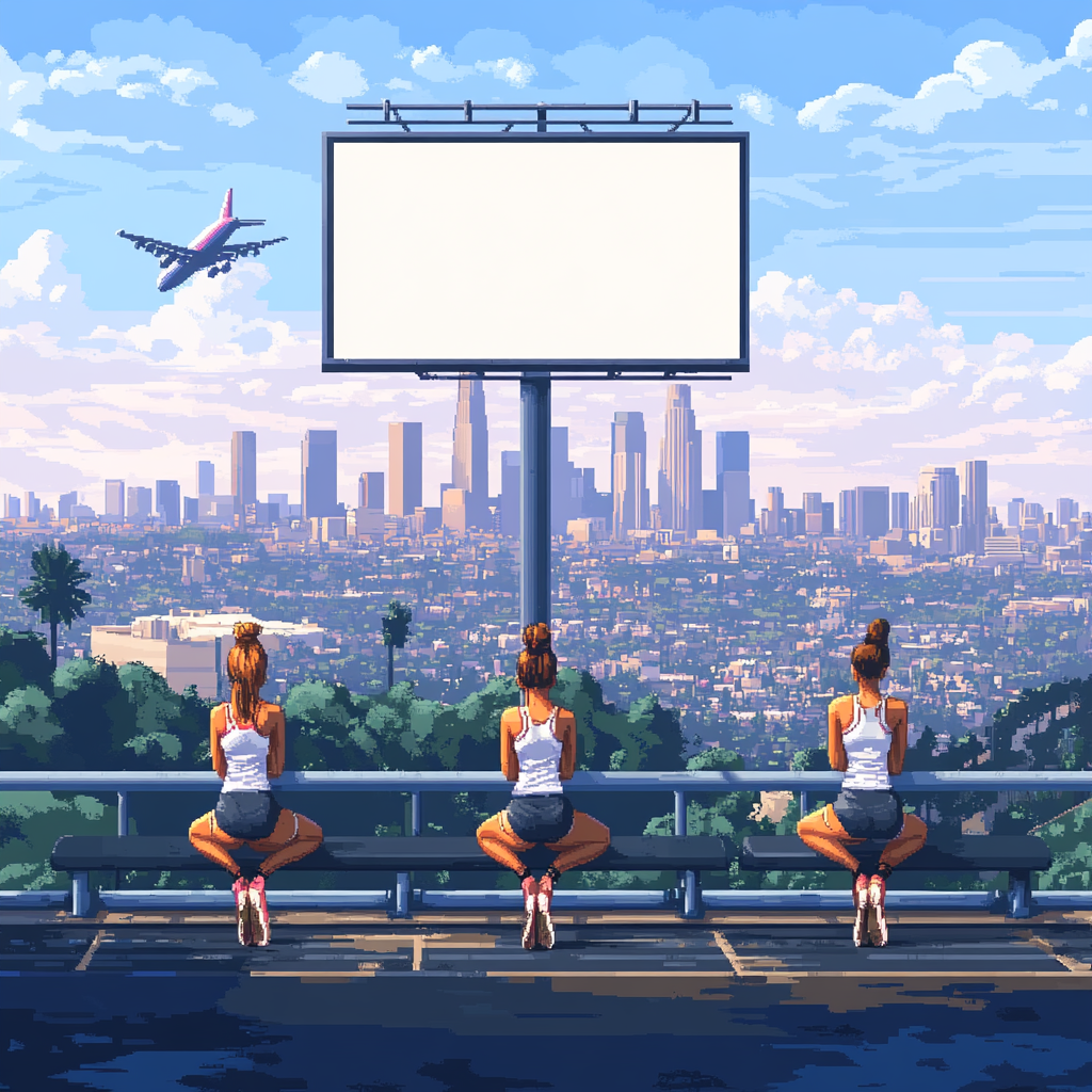 Girls working out in LA with blank billboard