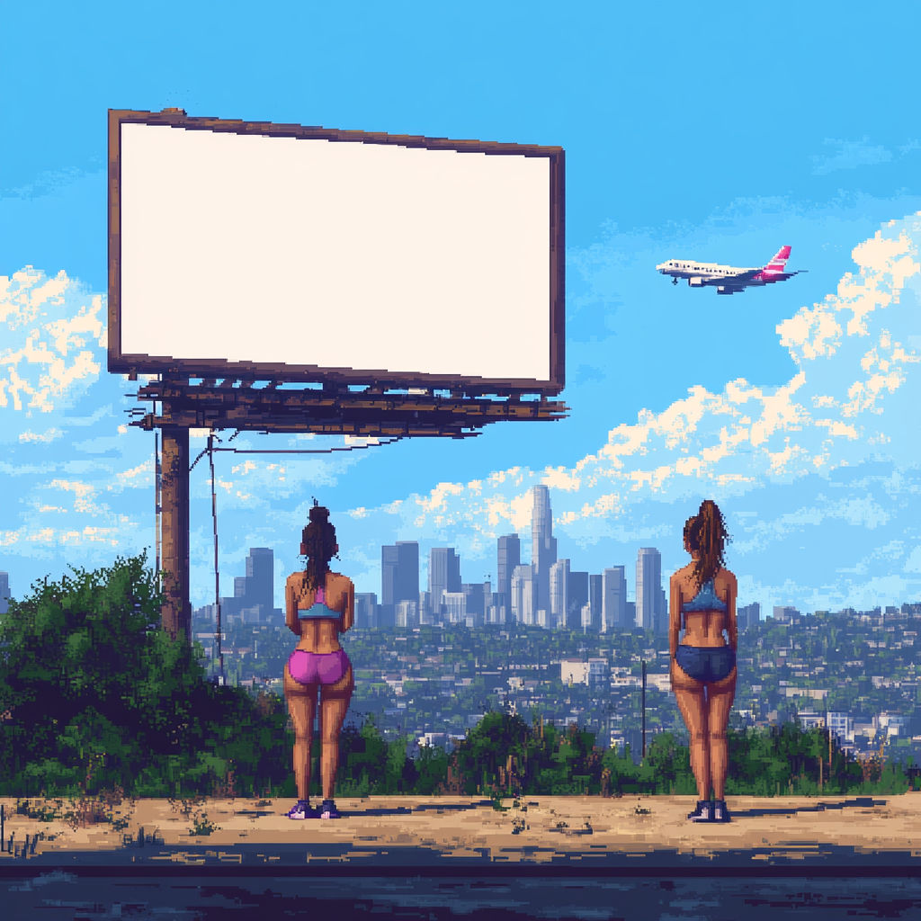 Girls working out with billboard and plane