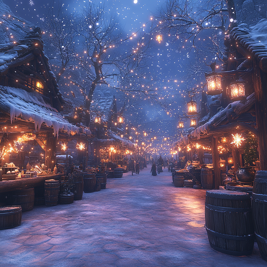 Glacial Market Winter Festival Scene with Diverse Characters 