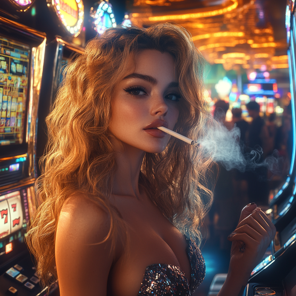 Glamorous 27-Year-Old Woman Smoking in Casino - 8K