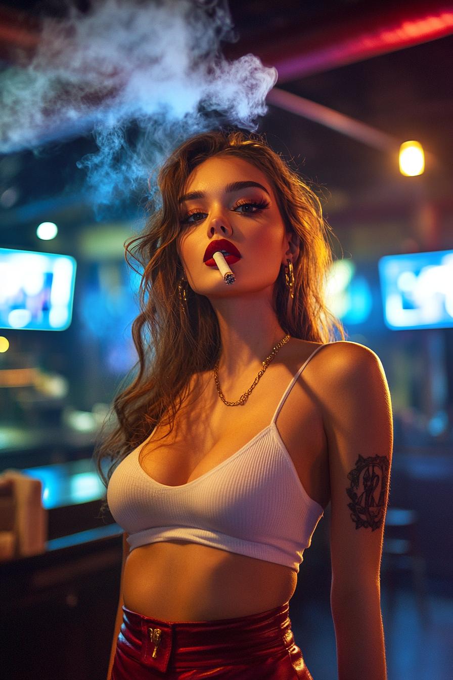 Glamorous Athletic Woman Smoking in Sports Bar