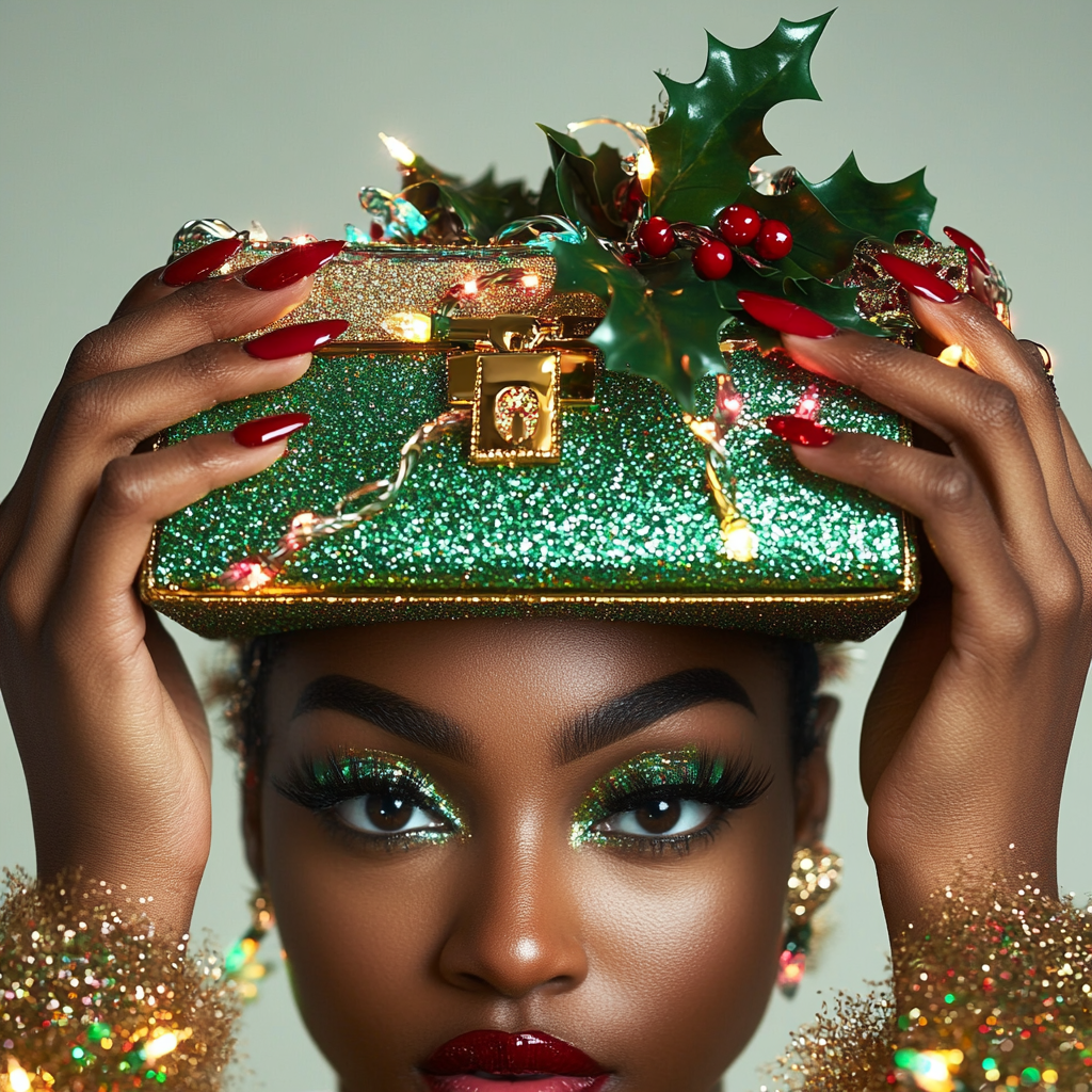 Glamorous Holiday Purse on Woman's Head