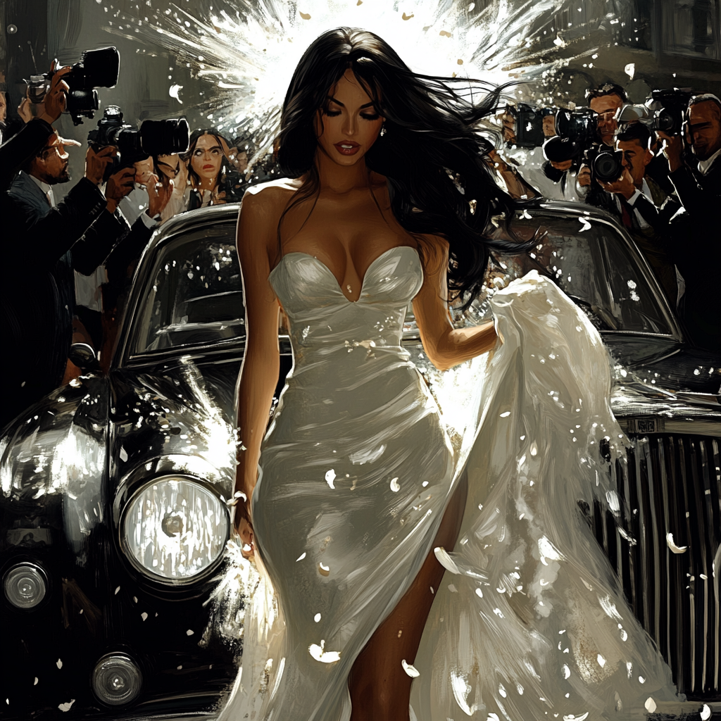 Glamorous brunette in white silk dress exiting classic car