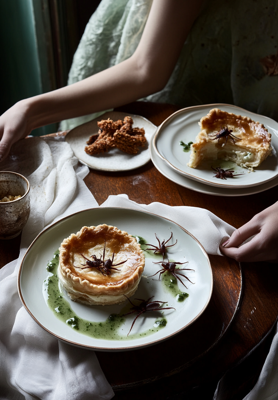 Glamorous restaurant table with spider pie and cockroaches.