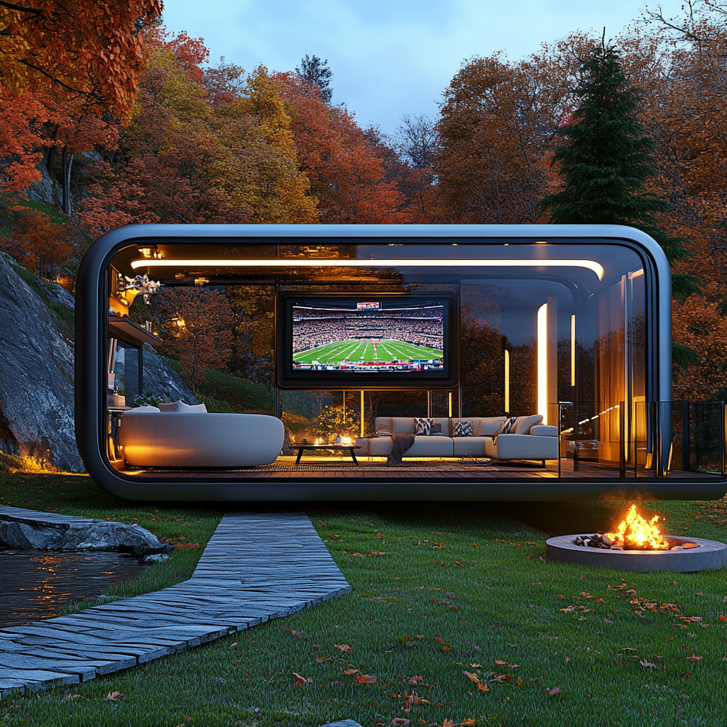 Glass and steel camper pods with Panthers-themed man cave.