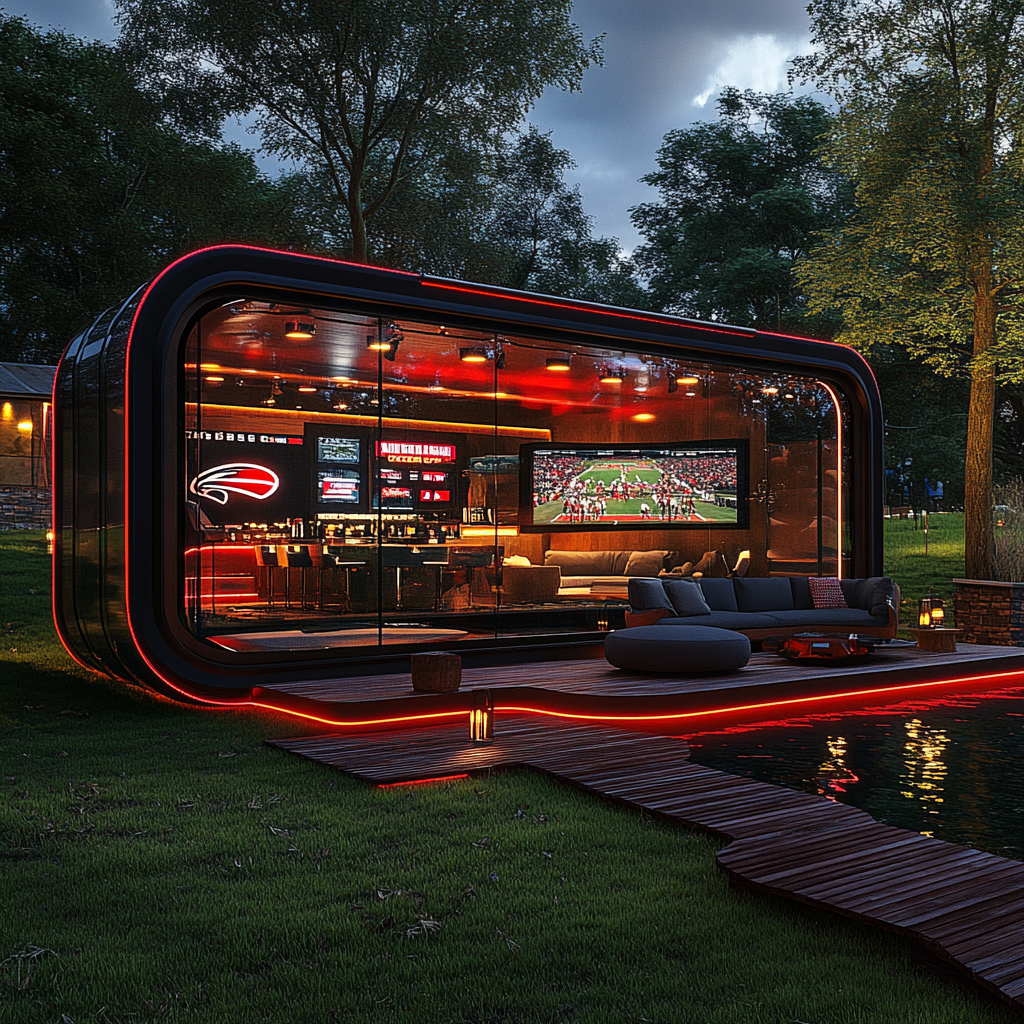 Glass and steel camper pods with sports man cave bar.