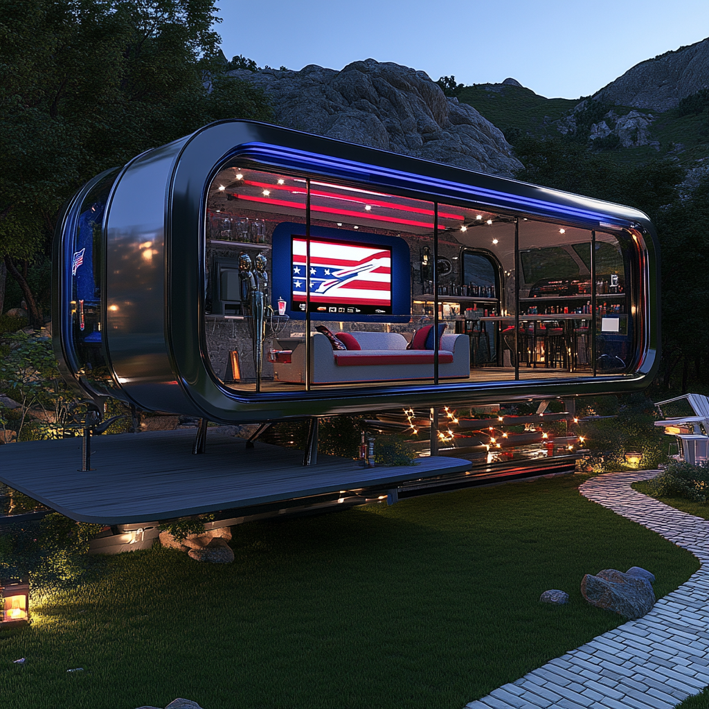 Glass and steel camper pods with trophies, Patriots theme.