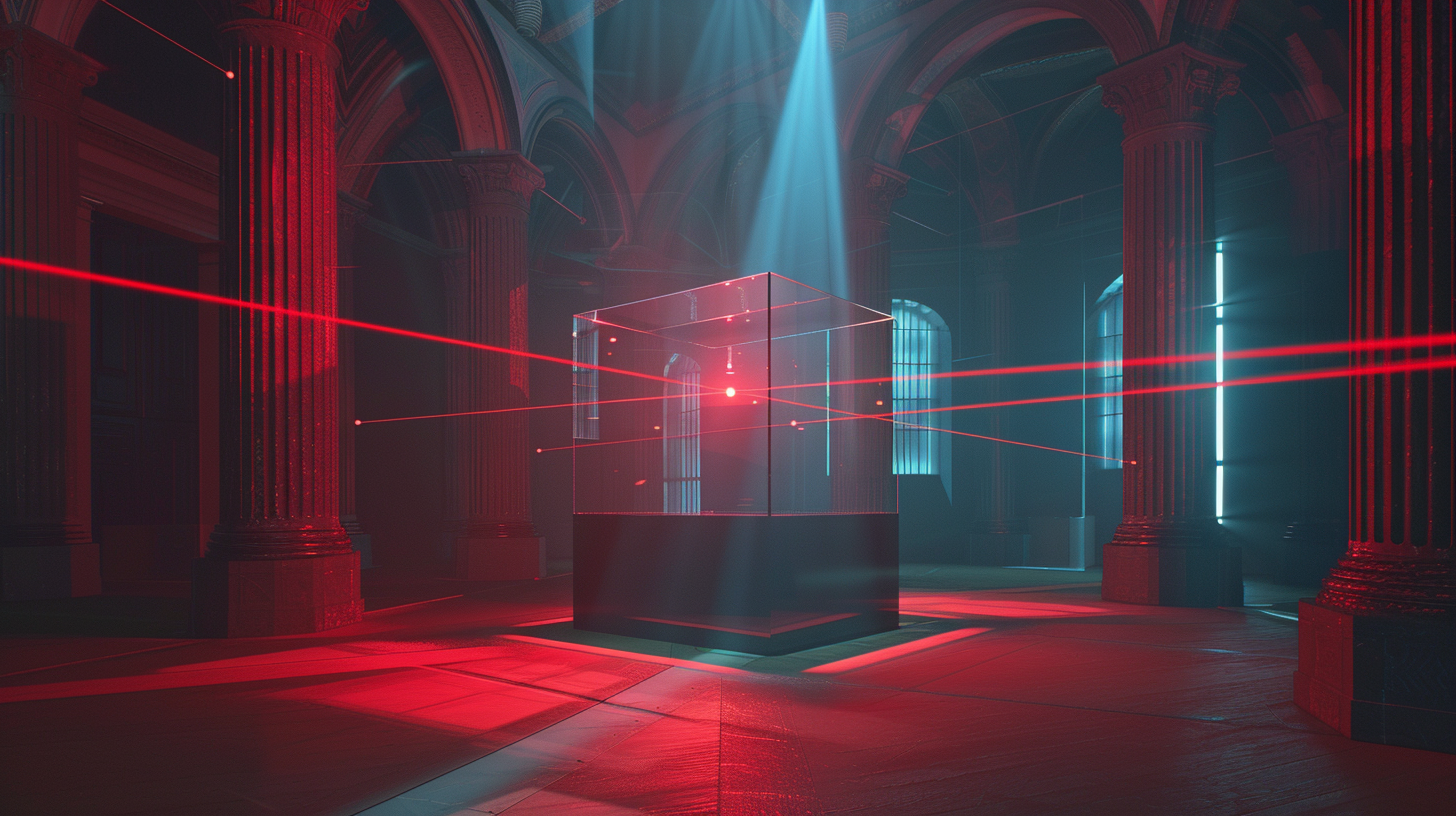 Glass box surrounded by red laser beams in museum.