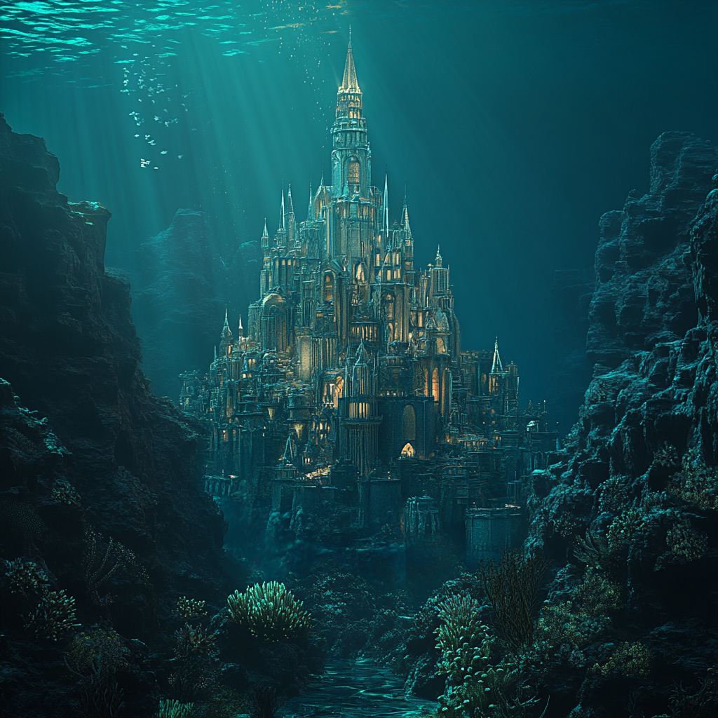 Glass city under sea, central castle made of coral.