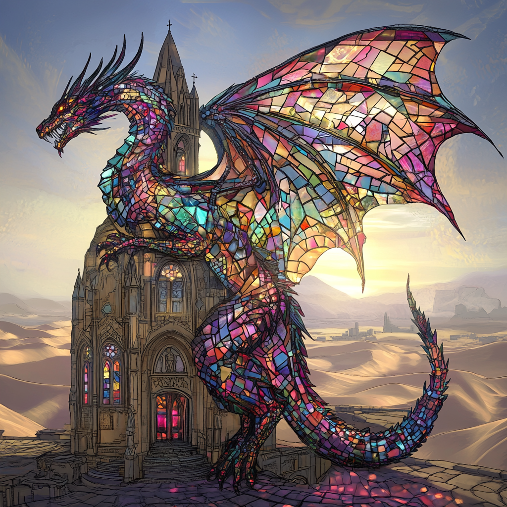 Glass dragon climbs church tower in fantasy art.