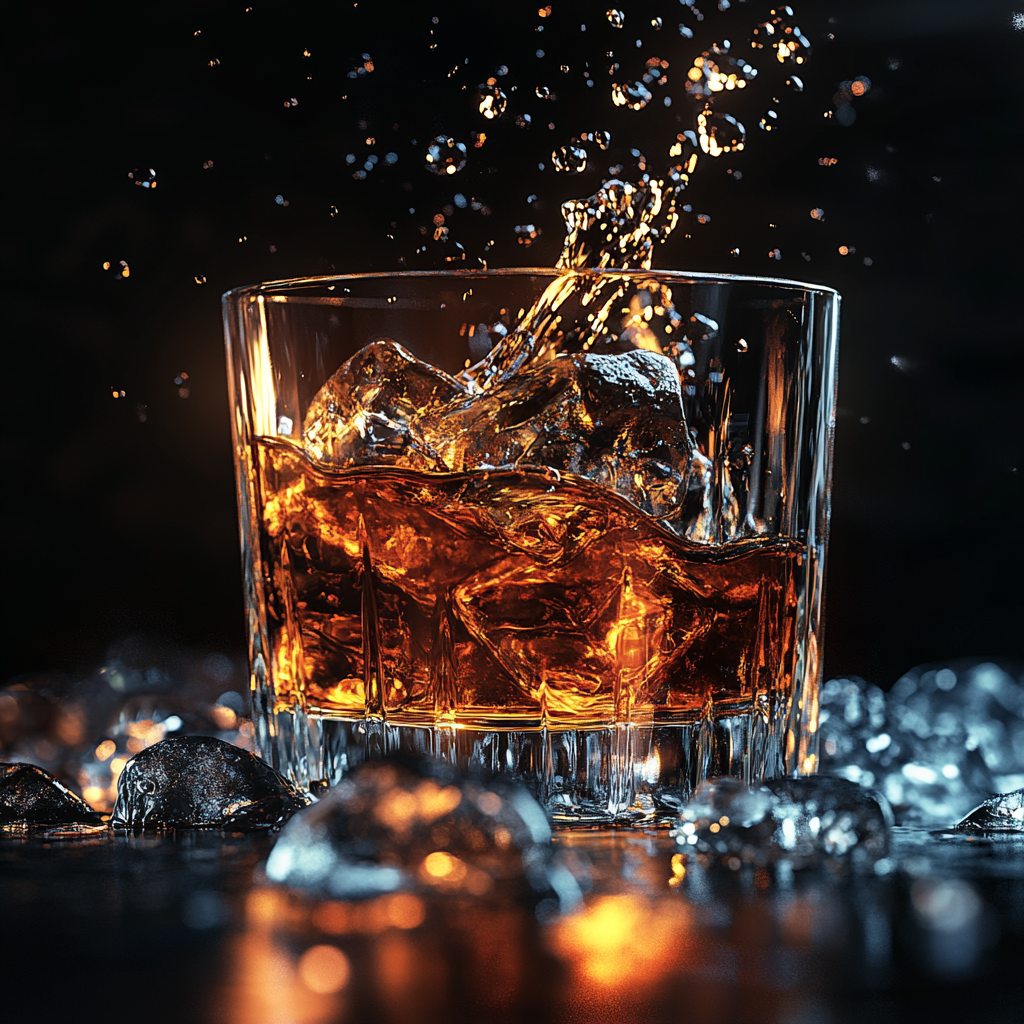 Glass of whiskey on ice with dynamic lighting effects.