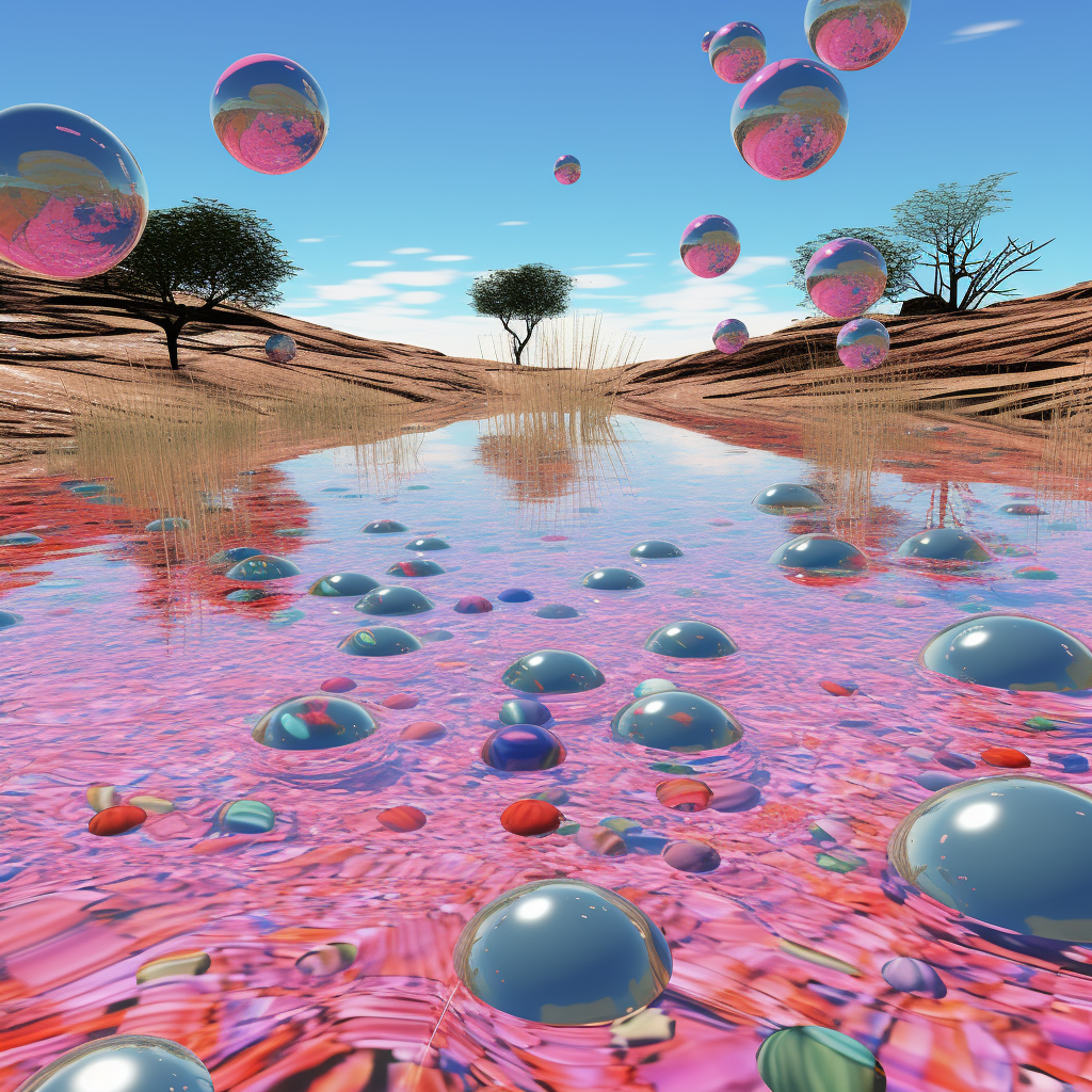 Glass orbs floating in surreal landscape artwork.